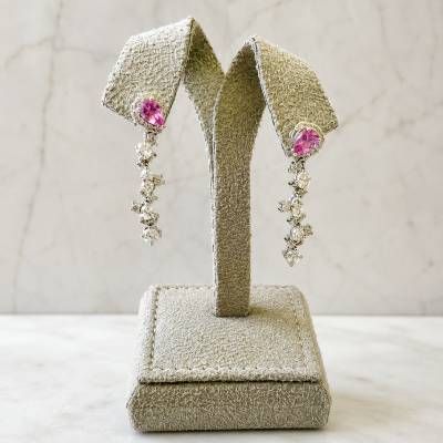 Elegant Pink Sapphire and Diamond Drop Earrings in 18K White Gold